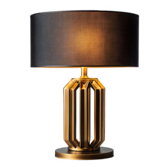 modern table lamp with geometric gold base and black fabric lampshade, casting warm glow. design is sleek and contemporary, suitable for stylish interiors