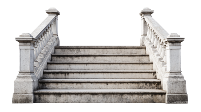 Outdoor concrete railing stone staircase, isolated on a transparent background, symbolizing urban architecture, travel pathways, and building structures.