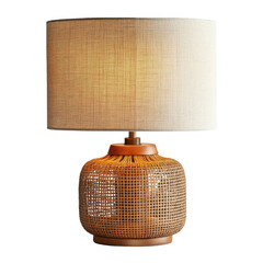 woven rattan table lamp with beige fabric shade emits warm, cozy glow, perfect for adding touch of natural elegance to any room