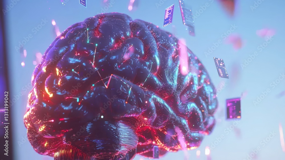 Poster exploring neural networks brain imagery digital art virtual environment futuristic perspective