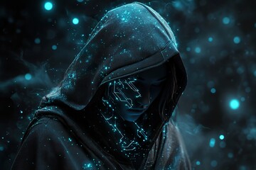 A person with circuitry on their face wearing a hood