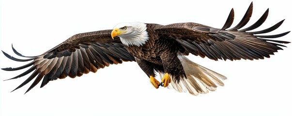 Naklejka premium Bald Eagle in Flight Symbol of Freedom and American Spirit Against a Pure White Background Isolated