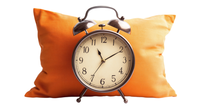 Retro classic vintage alarm clock on an orange pillow, isolated on a transparent background, symbolizing the importance of waking up early and time management.