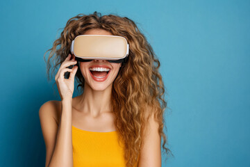 Fototapeta premium Immersive Experience: A woman with curly hair experiences the virtual reality, with vr headset on. capturing the innovation, future, entertainment, happiness, lifestyle.