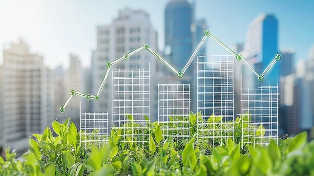 Green growth chart over urban skyline with leaves. Financial forecast for a sustainable economy