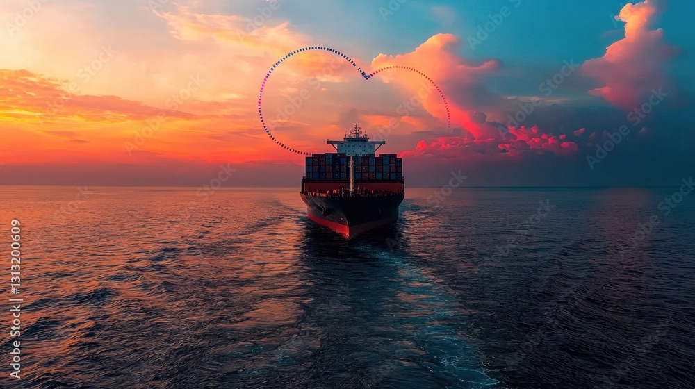 Poster global commerce and shipping industry visualization with interconnected supply chains.