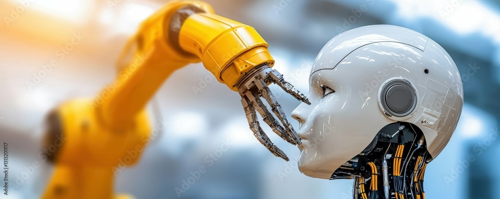 Poster robotic arm touching face of humanoid machine ai connection and future automation innovation
