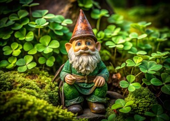 Obraz premium Charming Garden Gnome in Lush Green Clover Garden - Stock Photo