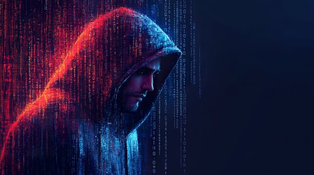 A hooded figure appears within computer code and data streams