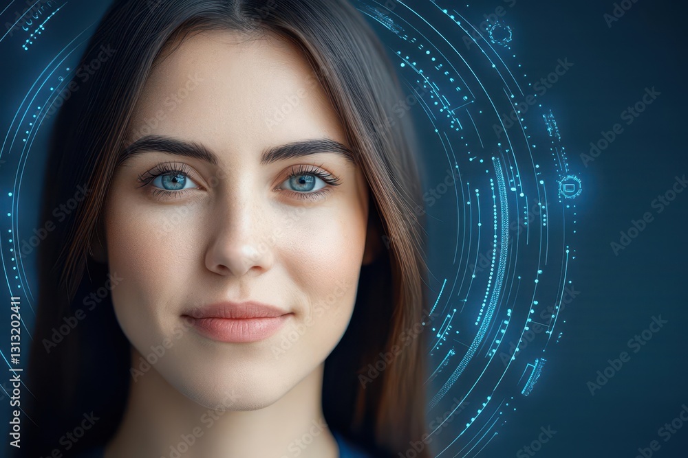 Poster woman with futuristic face adorned with intricate patterns and neon lights capturing the essence of 