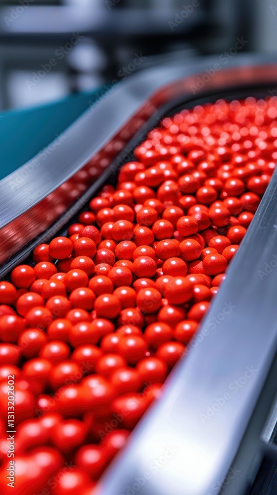 Poster automated conveyor system transporting spherical red objects in industrial setting perspective view