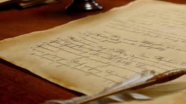 Photorealistic, a close-up of a historical constitution document with elegant handwriting and decorative flourishes, placed on a wooden desk
