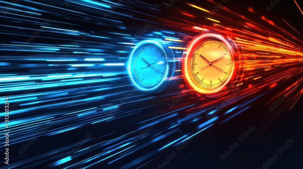 Poster dynamic time flow concept with clocks and motion lights effect