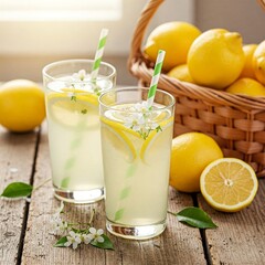 Fototapeta premium Two Refreshing Glasses of Homemade Lemonade, Adorned with Lemon Slices and Delicate White Blossoms, Beside a Woven Basket Overflowing with Ripe Lemons, All Resting on a Rustic Wooden