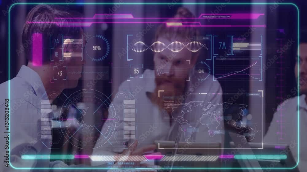 Poster Analyzing data, business professionals using animation with futuristic digital interface
