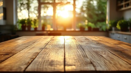 Empty wooden table in kitchen with sunset view.  Possible use Product display