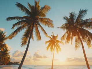 Naklejka premium Tropical beach sunset: Palm trees silhouette against the horizon, ocean waves lapping the shore. A serene, relaxing paradise.