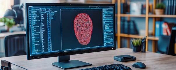Police Investigation Trial Concepts. Digital fingerprint analysis displayed on a computer monitor in an office.