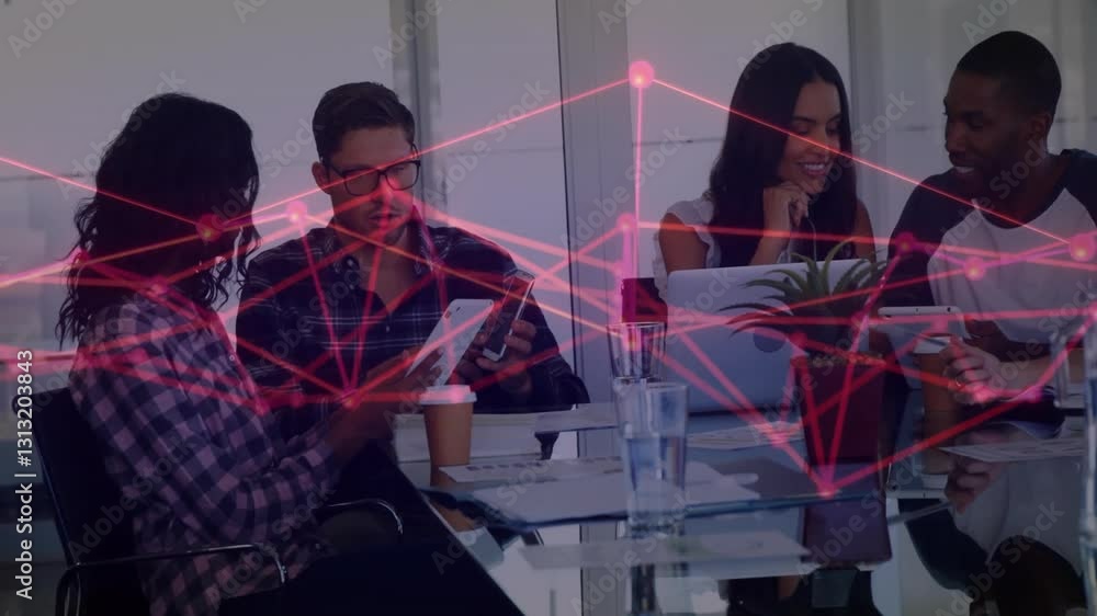 Poster diverse team collaborating at office with network connections animation overlay