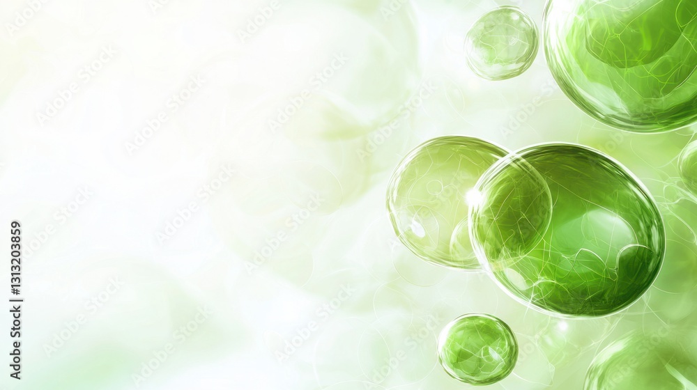Poster green bubbles floating in a softly lit abstract background