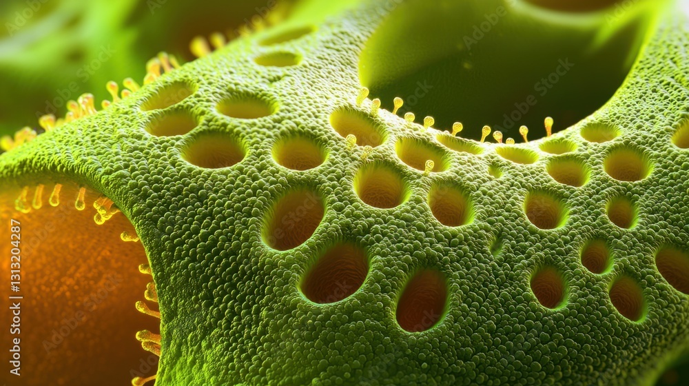Poster close-up view of intricate microbial structures on green surface