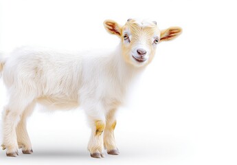 Fototapeta premium Playful Baby Goat Standing on White Background with Cheerful Expression