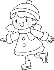 Line drawing of a girl ice skating. Figure skating.  Cute, fun. Vector illustration.