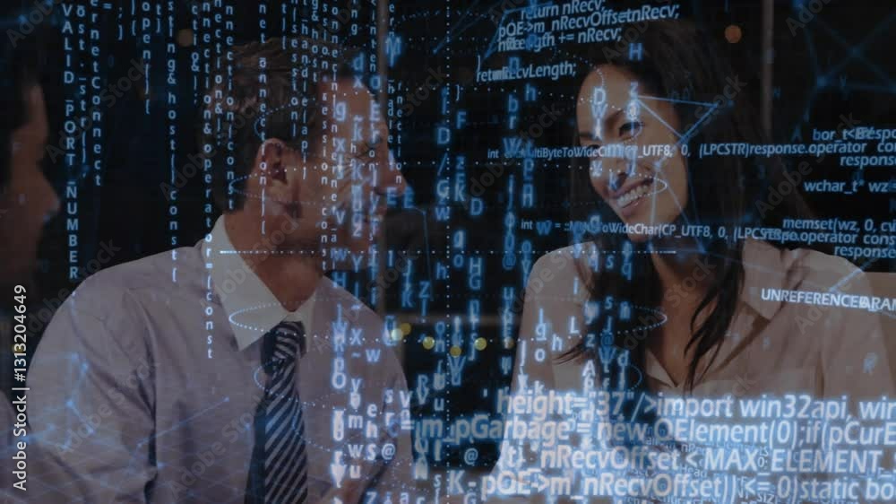 Aufkleber discussing digital data and code, business professionals in office with animation