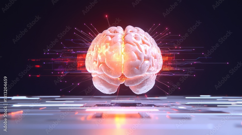 Poster investigating brain connectivity through 3d digital art in a virtual environment of cognitive scienc