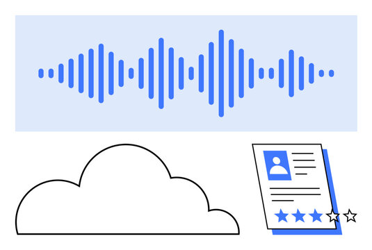 Audio waveform suggesting sound data, cloud icon reflecting virtual storage, and document with rating for evaluation. Ideal for technology, storage, audio, reviews, analysis, feedback cloud metaphor