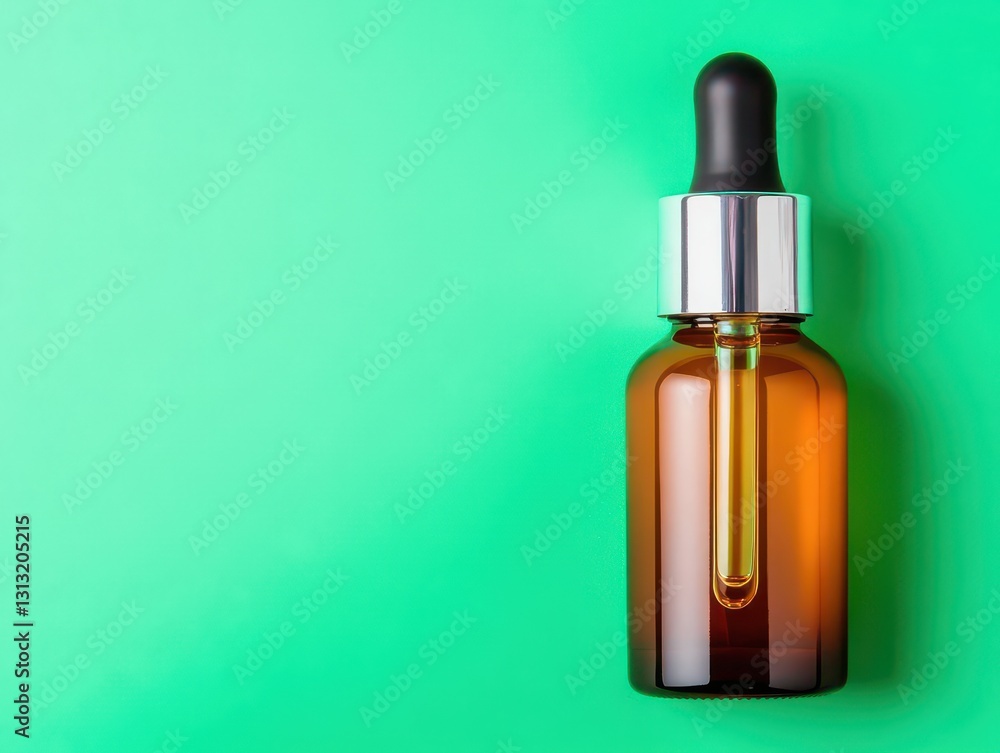 Poster clear glass bottle filled with an unspecified substance and capturing light, displayed on a neutral 