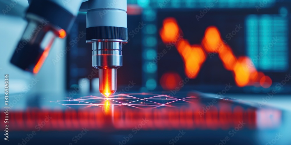 Poster universe expansion research concepts. microscope analyzing data on a digital display in a lab settin