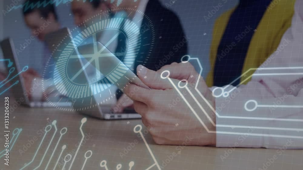 Poster hands using smartphone with digital circuit and technology animation overlay