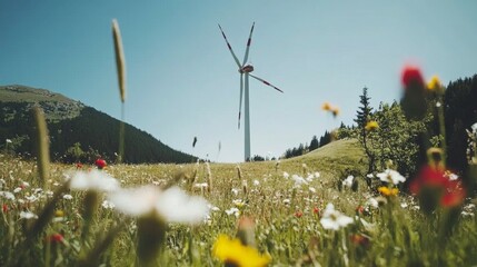 Wind turbine standing tall in a blooming meadow, mountain in the background