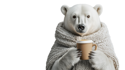 Polar bear wearing warm knitted scarf enjoying hot beverage on transparent background