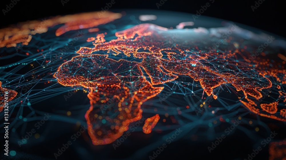Poster high-resolution futuristic world map with ai-driven trade routes and global business expansion.