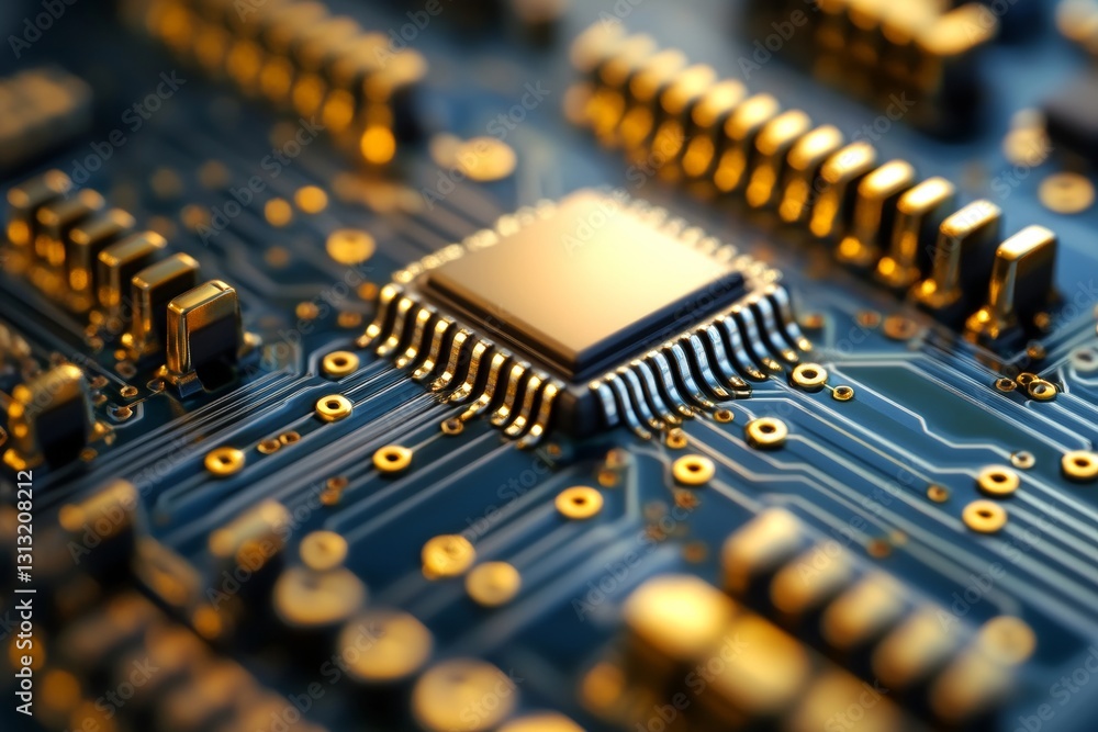 Poster high-resolution image of a microchip with gold pins, 8k resolution