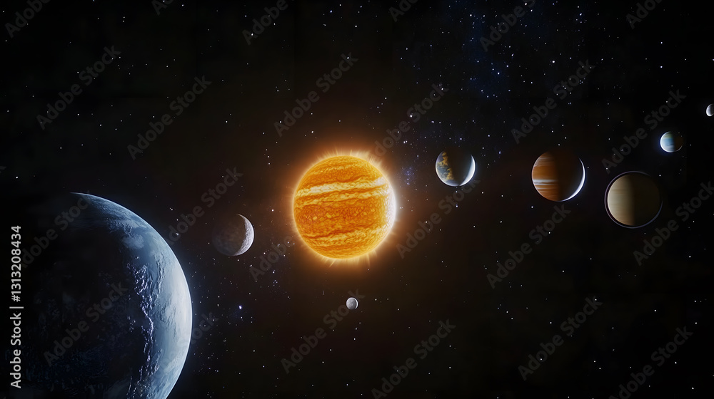 Poster a vibrant depiction of a solar system, showcasing a radiant star at the center and several planets o