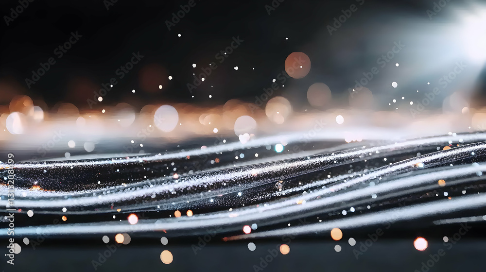 Poster wavy reflective lines with particles and blurred lights are shown