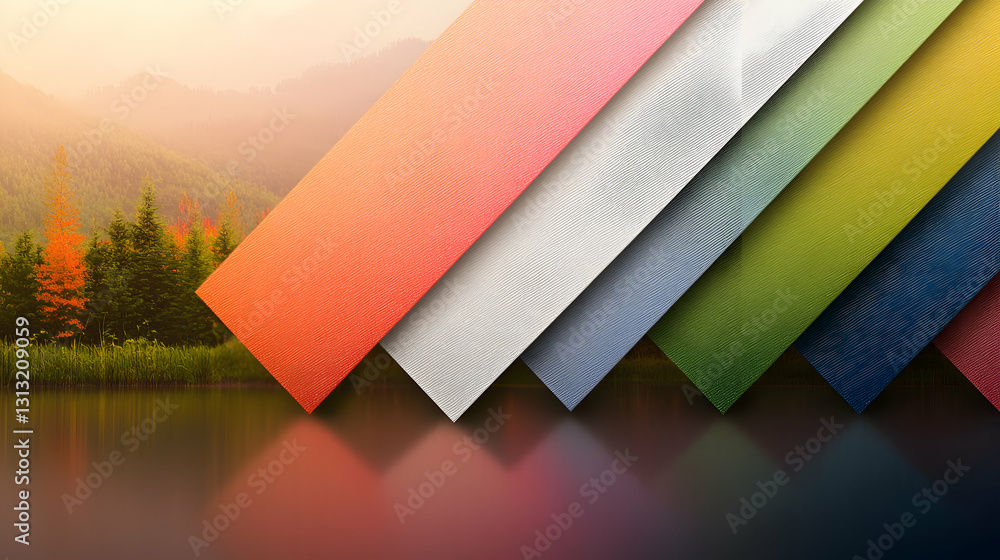 Poster colorful diagonal patterns overlay a scenic background with water and trees