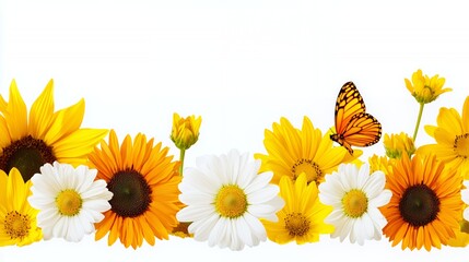 Naklejka premium Vibrant Yellow and White Sunflowers and Daisies with Orange Butterfly on White Background