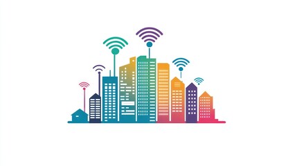 Obraz premium Colorful city skyline with wireless network coverage. Use for depicting digital city or smart city concepts