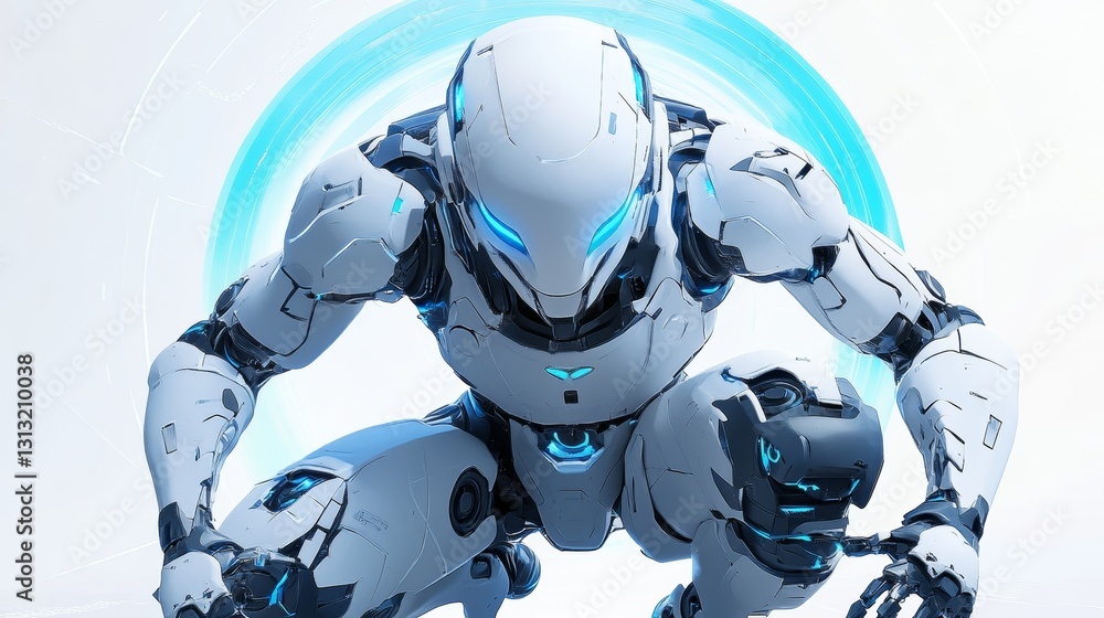 Poster close-up of a cutting-edge humanoid robot with glowing blue lights, captured in a crouching pose. pe