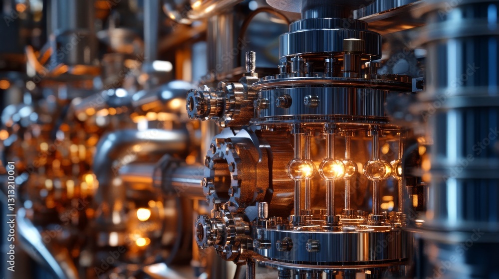 Poster intricate quantum machine with glowing copper-toned metallic parts, showcasing advanced technology a