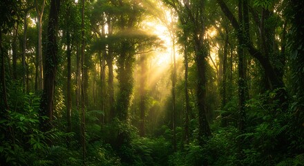 Obraz premium Sunbeams Streaming Through Lush Green Forest