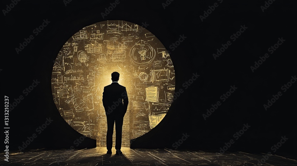 Poster a mysterious silhouette of a man standing before a glowing circular doorway filled with intricate di
