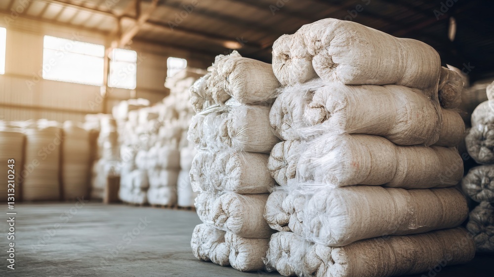 Poster stacked bales of fabric in a spacious warehouse with sunlight filtering through windows