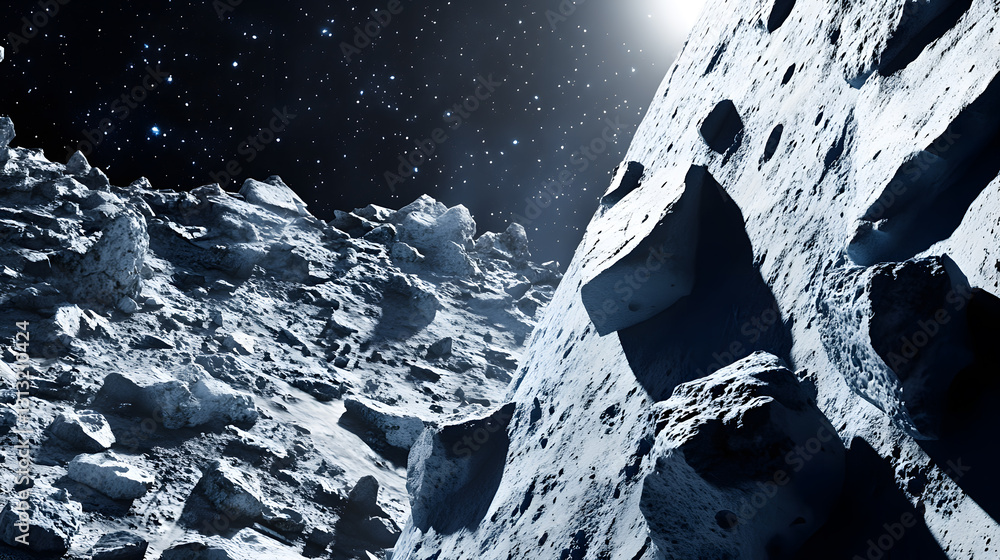 Poster a dramatic close-up of a rugged asteroid surface, illuminated by a distant star. jagged rocks and cr