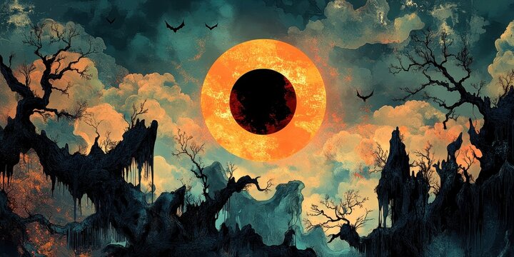 An ominous landscape features a sun eclipse over a desolate forest
