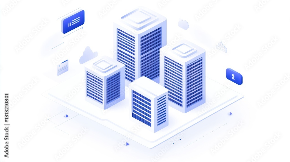 Poster abstract isometric city buildings, technology, digital background. possible use for websites about c